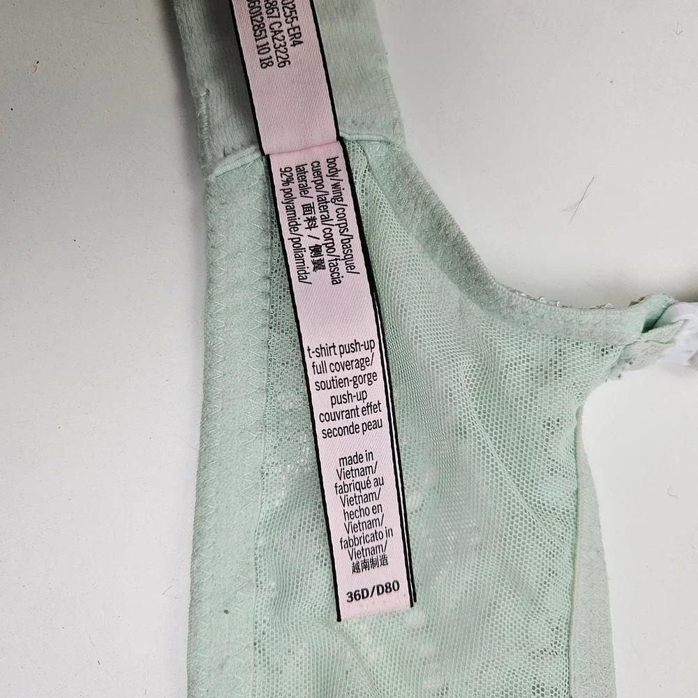 Victoria's‎ Secret T-Shirt Push Up Full Coverage Bra 36D Mint Lace Logo Straps